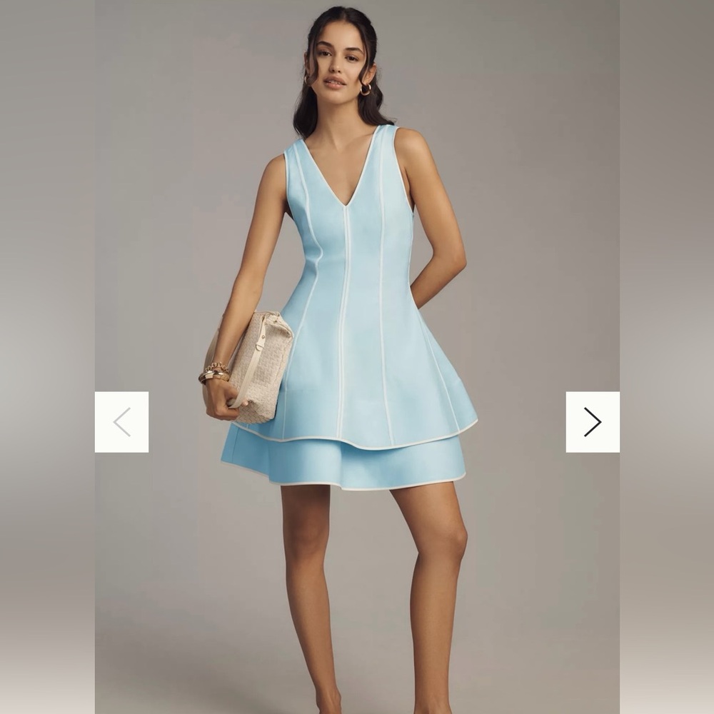 Maeve Linen Blend Sleeveless V-Neck Layered-Hem Mini Dress